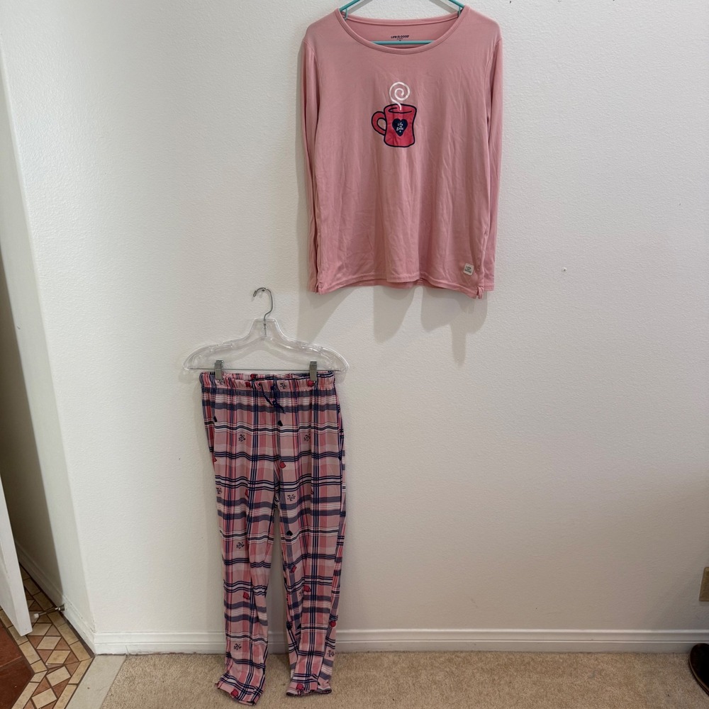 Life is Good Sleep Pink Coffee Mug Plaid Pajama Set Women Medium 2 Piece PJs